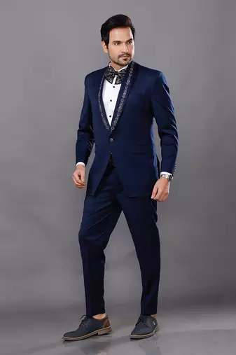 Blue Embroidered Tuxedo Set