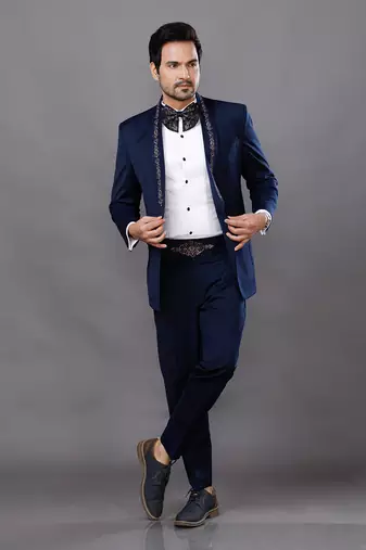 Blue Embroidered Tuxedo Set
