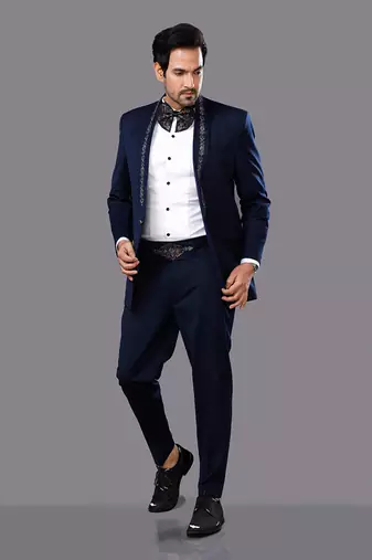 Blue Embroidered Tuxedo Set
