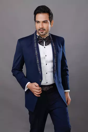 Blue Embroidered Tuxedo Set