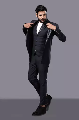 Grey Embroidered Tuxedo Set