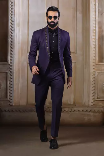 Wine Embroidered Tuxedo Set