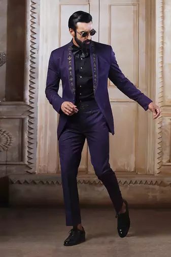 Wine Embroidered Tuxedo Set