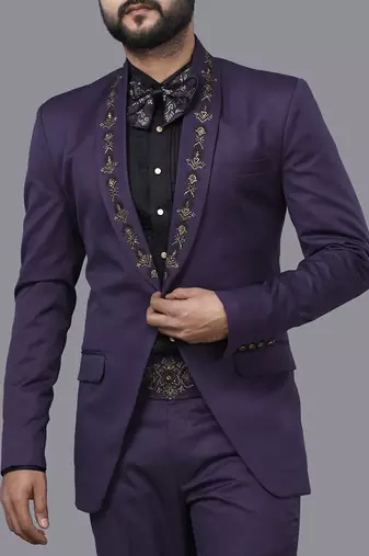 Wine Embroidered Tuxedo Set