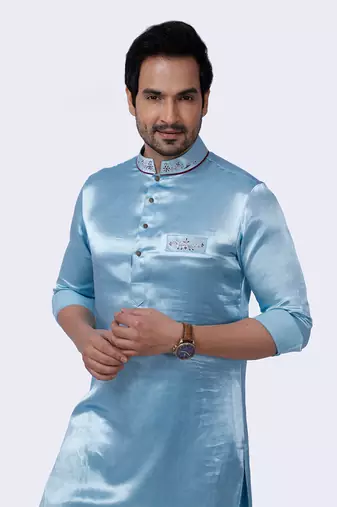 Gajji Silk Blue Embroidered Kurta Set