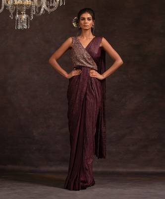 Purple Satin Embroidered Handcrafted Pre Stitched Saree 1