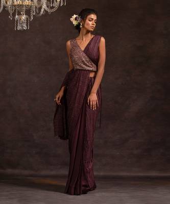 Purple Satin Embroidered Handcrafted Pre Stitched Saree 2