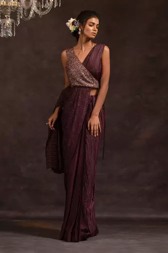 Purple Satin Embroidered Handcrafted Pre Stitched Saree