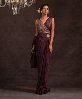 Purple Satin Embroidered Handcrafted Pre Stitched Saree 3