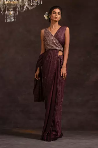 Purple Satin Embroidered Handcrafted Pre Stitched Saree