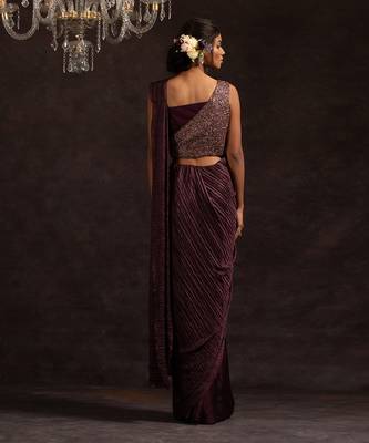 Purple Satin Embroidered Handcrafted Pre Stitched Saree 4
