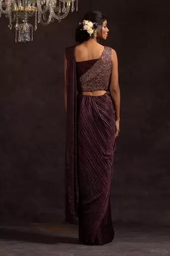 Purple Satin Embroidered Handcrafted Pre Stitched Saree