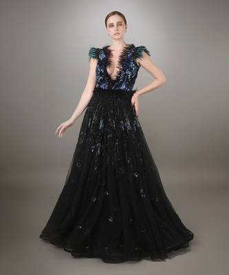 Sequin Embroidered Black Gown 1