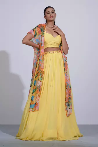 Gul Yellow Lehenga Set With Cape