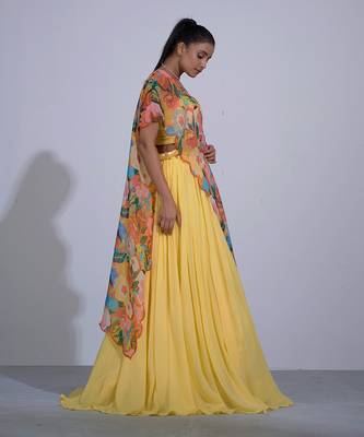 Gul Yellow Lehenga Set With Cape 3