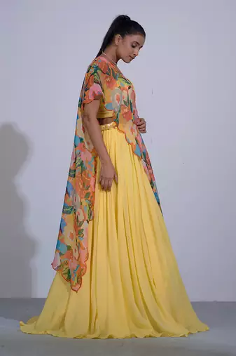 Gul Yellow Lehenga Set With Cape