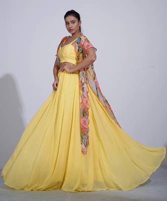 Gul Yellow Lehenga Set With Cape 4