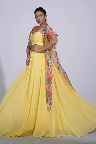 Gul Yellow Lehenga Set With Cape