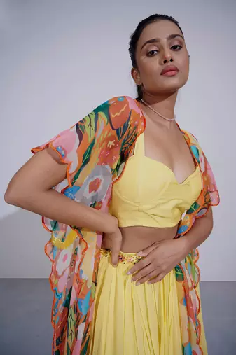 Gul Yellow Lehenga Set With Cape