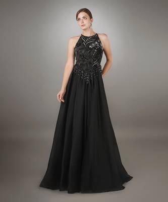 Black In-Cut Sleeve Embroidered Flowy Gown. 1