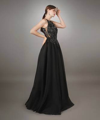 Black In-Cut Sleeve Embroidered Flowy Gown. 2