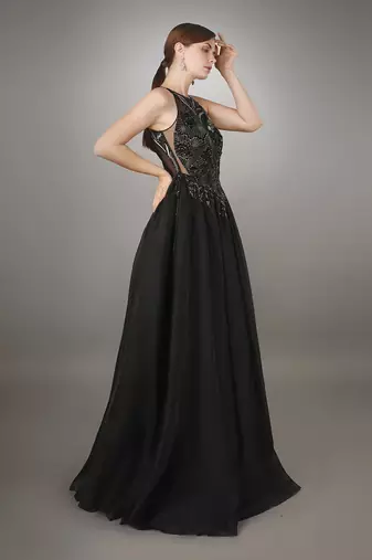 Black In-Cut Sleeve Embroidered Flowy Gown.