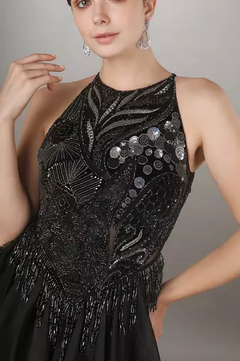 Black In-Cut Sleeve Embroidered Flowy Gown.