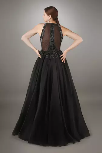 Black In-Cut Sleeve Embroidered Flowy Gown.
