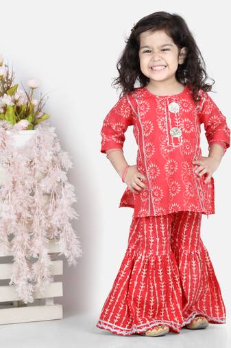 BownBee Girls Kurti with Sharara - Red