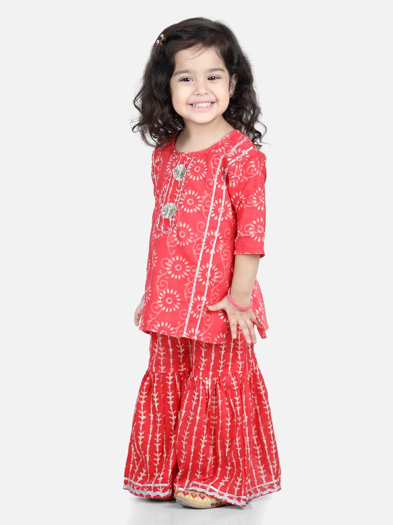BownBee Girls Kurti with Sharara - Red