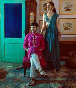 Teal Blue Jaal Print Saree Set