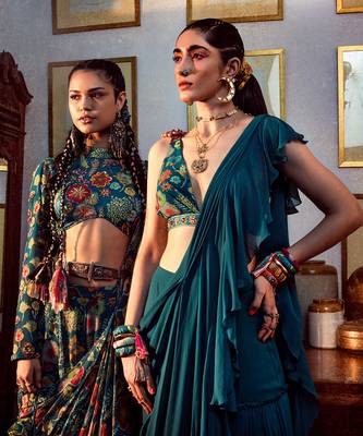Teal Blue Jaal Print Saree Set 2