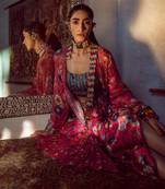 Pink embroidered georgette crop top set 