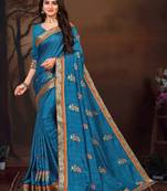 Indian Women Blue  Vichitra Silk Full Saree Fancy Border with Flower Butta work Saree
