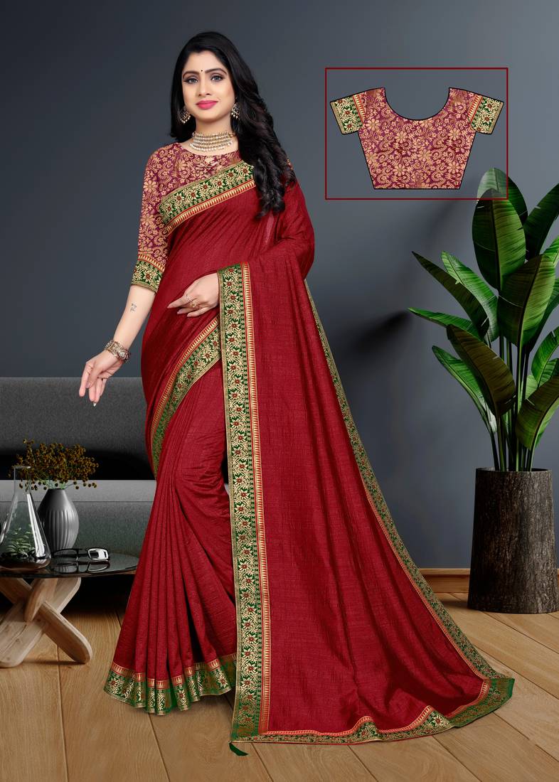 Indian Women Maroon  Vichitra Silk Full Saree Fancy Border Saree