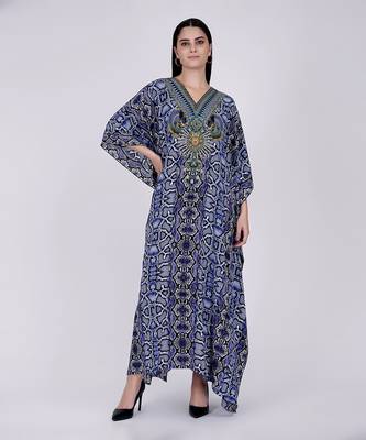 Blue Animal Print Embellished Silk Full Length Kaftan 1