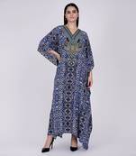 Blue Animal Print Embellished Silk Full Length Kaftan