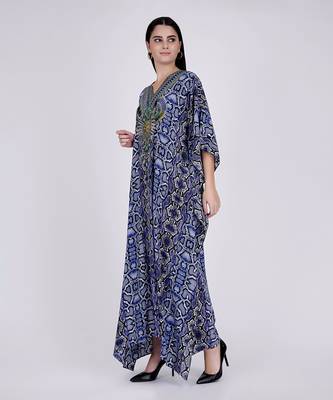 Blue Animal Print Embellished Silk Full Length Kaftan 2