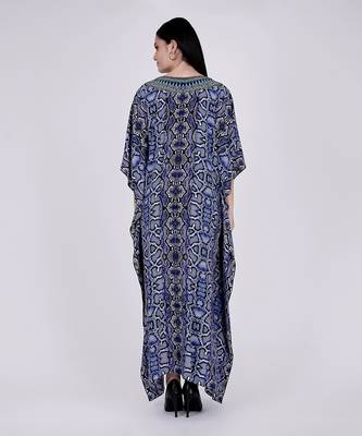 Blue Animal Print Embellished Silk Full Length Kaftan 3