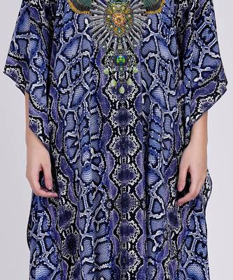Blue Animal Print Embellished Silk Full Length Kaftan 4