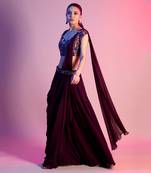 Wine Mix Acrylic Embroidered Blouse With Sharara Saree & Embroidered Belt