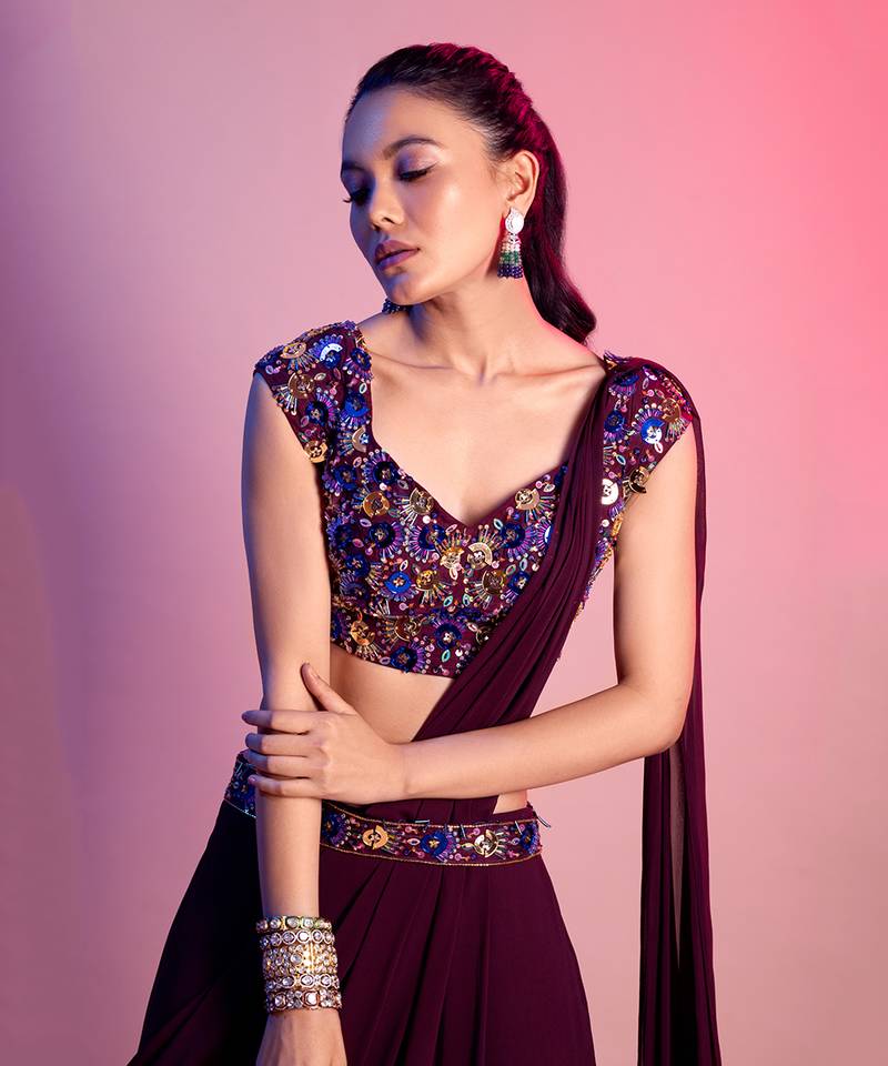 Wine Mix Acrylic Embroidered Blouse With Sharara Saree & Embroidered Belt