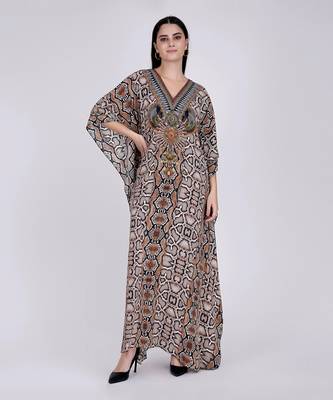 Brown Animal Print Embellished Silk Full Length Kaftan 1