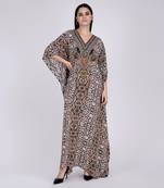 Brown Animal Print Embellished Silk Full Length Kaftan