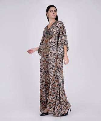 Brown Animal Print Embellished Silk Full Length Kaftan 2