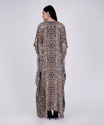 Brown Animal Print Embellished Silk Full Length Kaftan 3