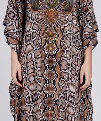 Brown Animal Print Embellished Silk Full Length Kaftan 4
