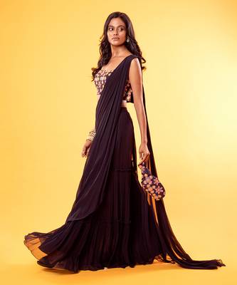 Navy Blue Colourful Thread Embroidered Blouse & Tiered Saree With Embroidered Potli Bag 1