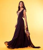 Navy Blue Colourful Thread Embroidered Blouse & Tiered Saree With Embroidered Potli Bag