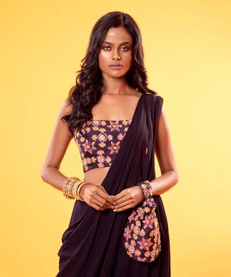 Navy Blue Colourful Thread Embroidered Blouse & Tiered Saree With Embroidered Potli Bag 2